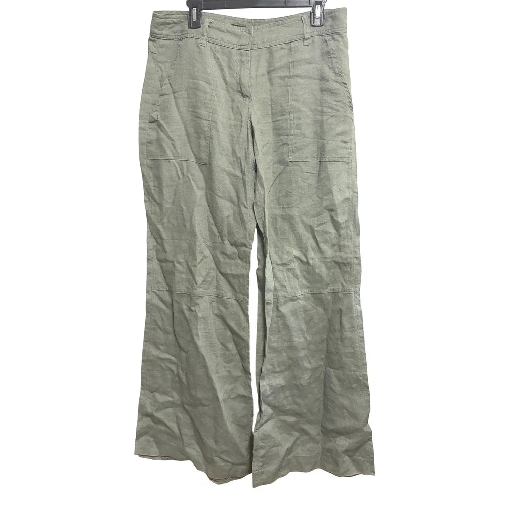 H&M Sage Green 100% Linen Wide Leg Cargo Trousers Utility Boho Size 10